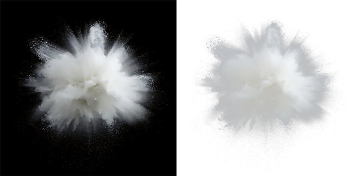 White snow explosion isolated on transparent background. Dynamic winter powder blast and dust cloud effect