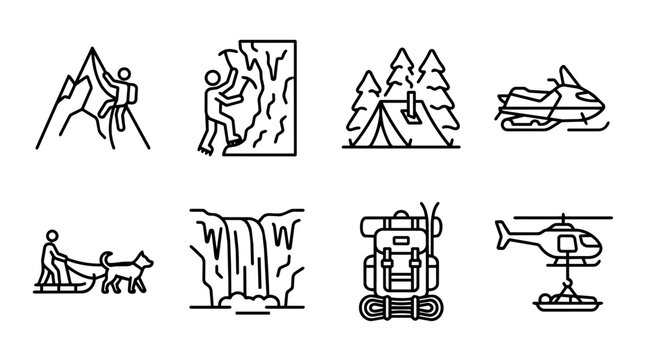 Outdoor adventure and mountain expedition line icons collection with climbing, camping, dog sled, waterfall, backpack and rescue helicopter