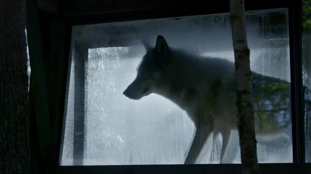 Wolf walks behind a misted window as its body moves across a shadowy woodland view