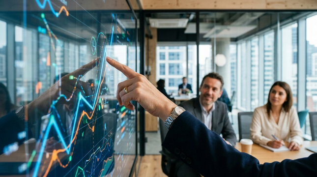 Business team analyzing stock market graph on digital screen in modern office