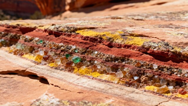 Layered sedimentary rock with colorful mineral deposits and embedded crystals