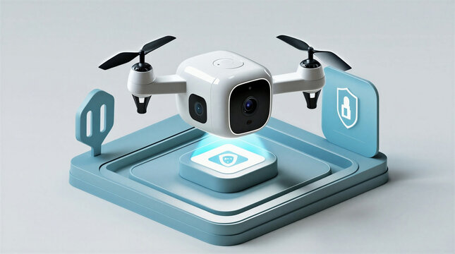 3D isometric illustration of smart home security wireless camera drone and shield.