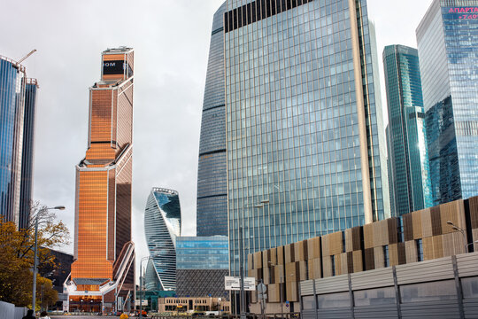 Moscow City business centre, with its iconic skyscrapers, including the Mercury tower and the Federation complex: Moscow, Russia - October 12, 2022