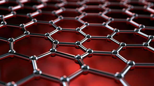 Hexagonal lattice molecular structure red background metal sphere scientific model abstract pattern nano structure geometric network chemical bond material science