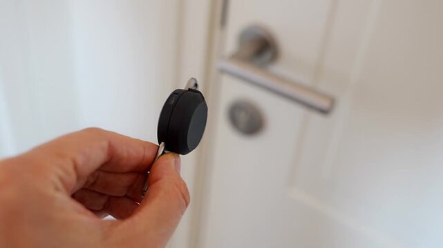 Hand holding an RFID key fob in front of an apartment door with lock and handle. Concept of electronic access control, keyless entry and residential security.