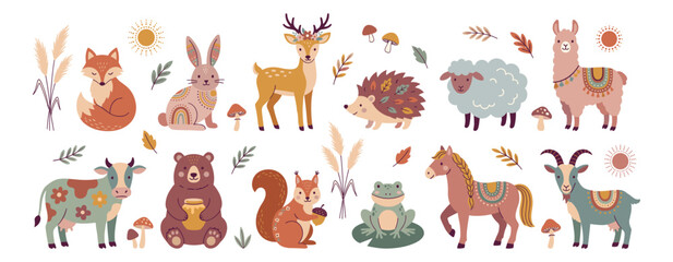 Obraz premium Forest Animal Vector Set Boho Nursery Woodland Characters
