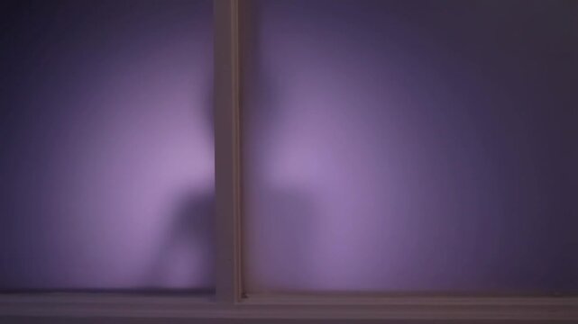 Skeletal figure moves out of sight behind a frosted glass partition in purple light
