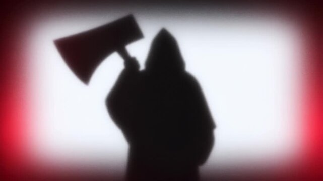 Hooded figure raises an axe in silhouette against a bright rededged backdrop