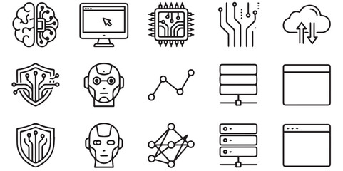 Fototapeta premium Artificial intelligence and technology line icon set for digital interface. A collection of outline icons representing modern computing and AI.