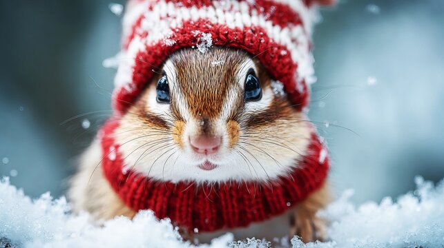 Close up portrait of an adorable little chipmunk wearing a knitted red and white winter hat in cold snow
