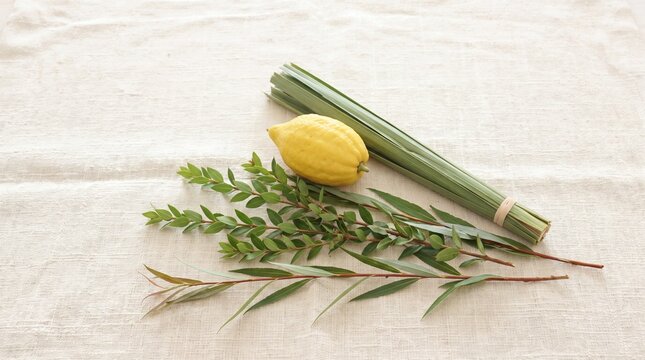 sukkot traditions, a top-down view of sukkots four species, elegantly arranged on linen