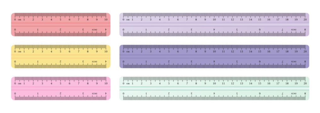 Realistic horizontal tape rulers set isolated. Plastic double sided measurement in cm and inches. 10cm, 20cm and 30cm. Vector png illustration