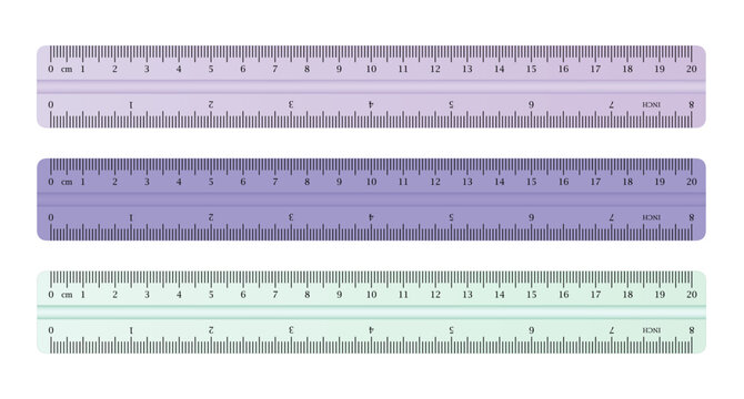 Realistic horizontal tape rulers set isolated. Plastic double sided measurement in cm and inches. 10cm, 20cm and 30cm. Vector png illustration