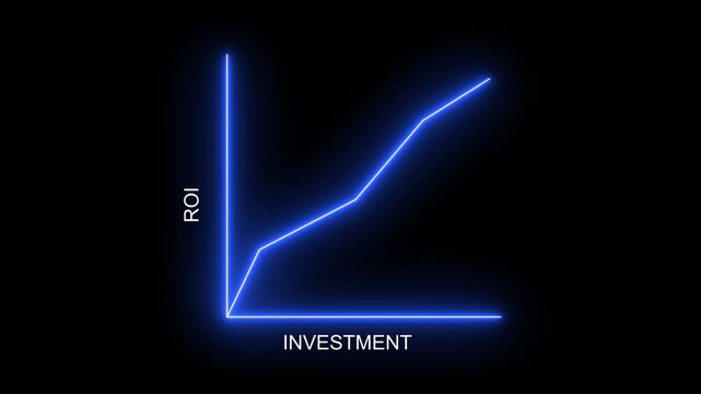 ROI return on investment concept. Neon line graph chart showing financial performance analysis with roi indicators, profit. Keywords: finance, graph, chart, business, economy, money