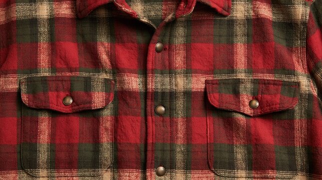 A red and green plaid flannel shirt with buttons and pockets, laid flat on a white background.