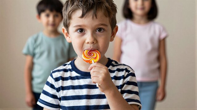 Young boy enjoys lollipop, two friends watch in soft focus behind him.