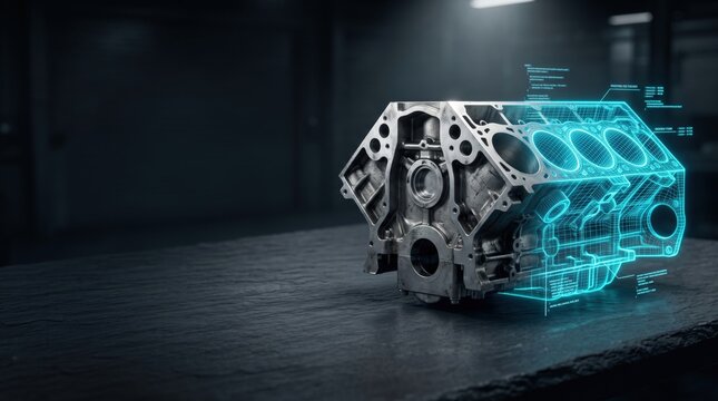 Engine block with digital twin wireframe hologram in workshop