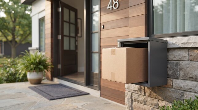 Parcel box delivered into a wall mounted mailbox outside a modern residential house entrance.
