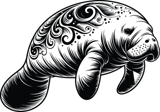 Detailed black and white of a swimming manatee with decorative floral patterns on its back, isolated
