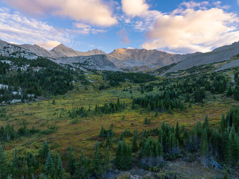 Aerial view of Mount Harvard surrounded by pine forests and alpine meadows in the Rocky Mountains near Buena Vista, Colorado, United States.