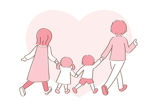 手を繋ぐ家族の後ろ姿　背景ハート