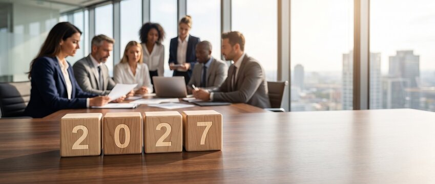 2027 financial goals and strategic planning. Wooden blocks on a table with a blurred diverse corporate team in a modern boardroom. Business banner background