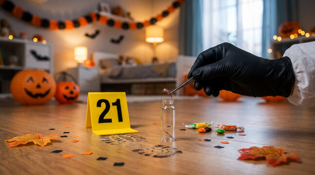 Halloween crime scene investigation with forensic evidence, footprint and evidence collection in decorated home