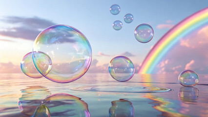 Fototapeta premium Rainbow and soap bubbles floating over water at sunset with copy space