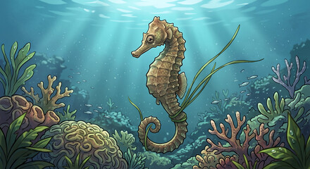 Seahorse swimming in a colorful coral reef underwater © Trelqis 
