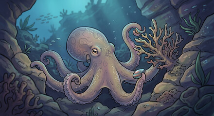 Stylized octopus holding a shell in a vibrant underwater coral reef © Trelqis 