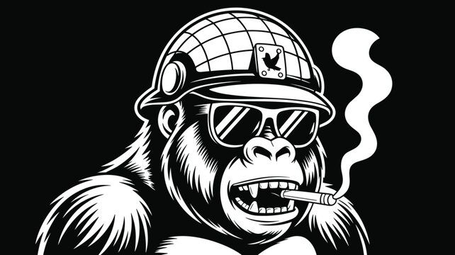 Of a cool gorilla wearing a military helmet and sunglasses, smoking a cigar, isolated on a black background