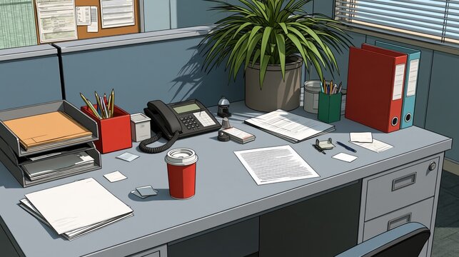 A cluttered office desk with a plant, papers, a cup, and various office supplies.