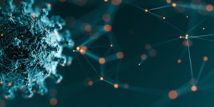 Close-up of virus particle with network connections
