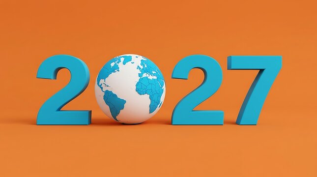 2027 year numbers with world globe on orange background international background calendar business geography environment