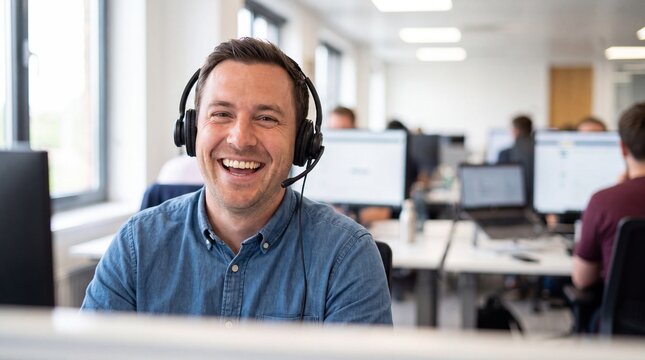 Portrait of a Joyful Male Call Center Agent Wearing a Headset While Assisting Clients in a Busy Modern Office