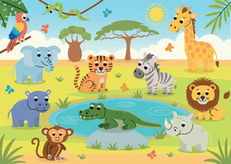 Fototapeta premium Cute cartoon African animals in a colorful safari landscape with a lake, acacia trees, baobab and savanna.