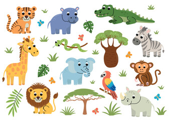 Obraz premium Cute cartoon set of African animals including lions, tigers, elephants, zebras, giraffes, rhinos, hippos and crocodiles.