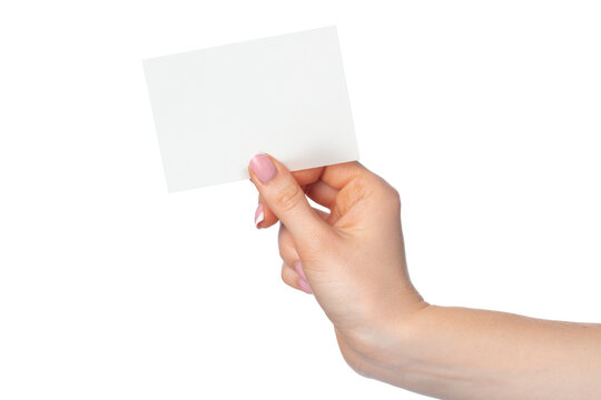 Empty card held in hand against white background