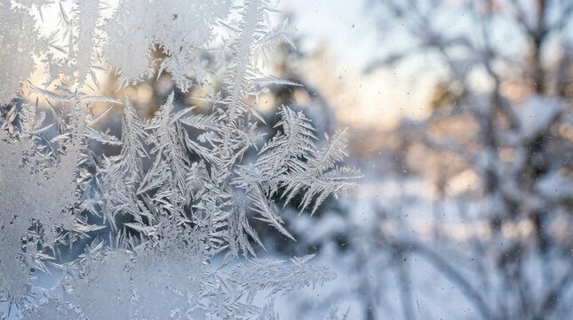Beautiful frosty patterns create delicate white ice crystals on a window pane during a cold winter morning