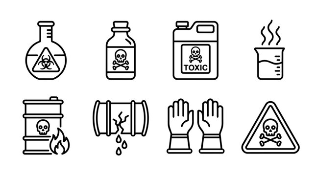 Toxic chemicals and hazardous materials line icons collection with poison containers, biohazard, leaking barrel, gloves and warning signs