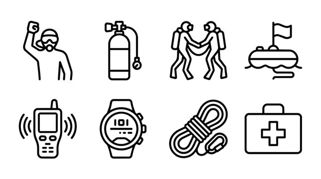 Set of scuba diving and underwater safety outline icons featuring diver signals, oxygen equipment, buddy assistance, communication devices, rope and emergency medical supplies