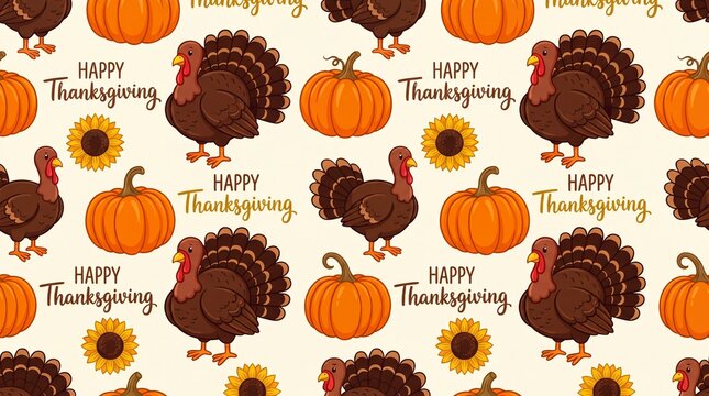 Happy thanksgiving day seamless vector pattern with text, turkey and pumpkin
