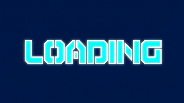 Glowing loading text assembles into a complete title on a dark blue background