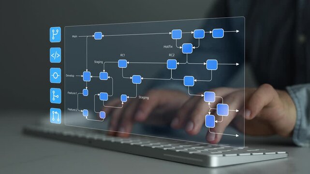 Digital software engineering workflow with multiple code branches, version control stages, development, testing and deployment processes displayed on a transparent interface.