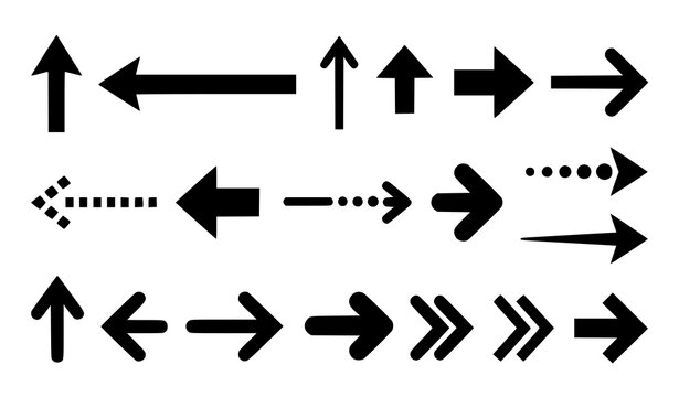 Directional arrow symbol collection featuring bold, thin, dotted, outlined, and right or left pointing arrow designs