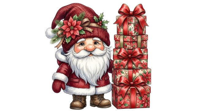  Cute Christmas Gnome with Stacked Gift Boxes  Red Poinsettia Holiday  Clipart