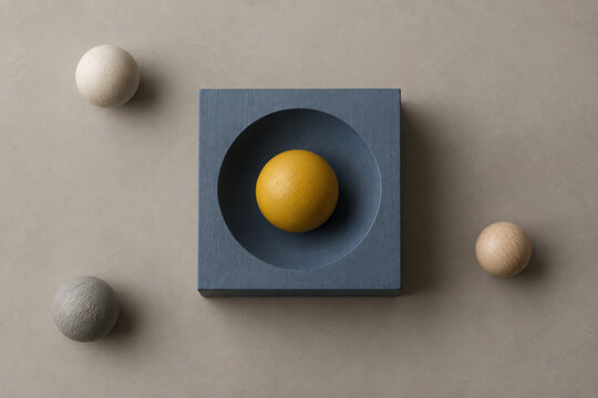 Yellow Sphere in Blue Recessed Block as Focus Concept