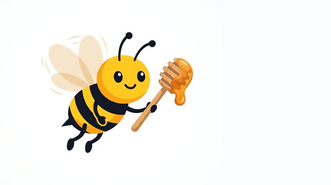 Cute cartoon bee flying and holding a honey dipper vector illustration on white background