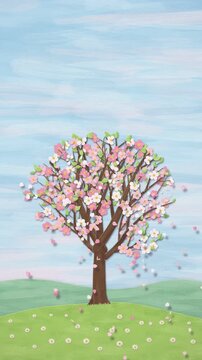 Tree through four seasons in painted paper collage: spring blossom, summer green, autumn leaf fall and winter snow, vertical video seamless loop