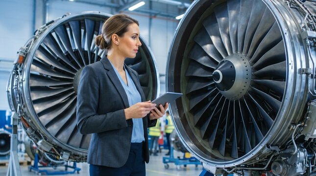 Female aerospace engineer or project manager holding a digital tablet while inspecting a massive airplane jet engine in a modern aviation manufacturing plant. Women in STEM concept.